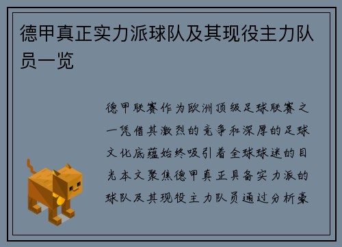 德甲真正实力派球队及其现役主力队员一览